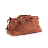 The Leather Duffle Bag Berlin by Vintage Leather Sydney features brown leather, short handles, a detachable shoulder strap, and gold-tone hardware—photographed on a white background and ready to accompany you on your travels.