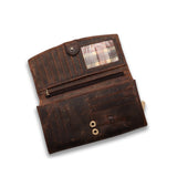 The Leather Ladies Wallet Alice by Vintage Leather Sydney is a womens vintage wallet in waxed brown leather with multiple card slots, clear plaid ID window, zipper pocket, and two snap buttons, shown open on a white surface.