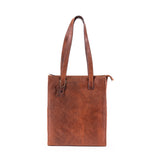 Brown leather tote bag on a white background