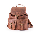 Brown leather backpack on a white background