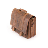 The Scout Leather Briefcase by Vintage Leather Sydney features a brown leather design with a top handle, two front buckles, and multiple compartments, shown on a white background.