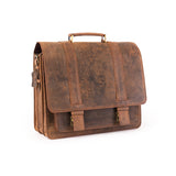 The Scout Leather Briefcase by Vintage Leather Sydney is a vintage-style brown leather bag with a top handle, two front buckles, a distressed finish, and multiple compartments, shown against a white background.