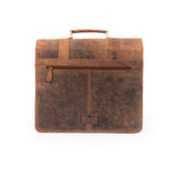 The Scout Leather Briefcase by Vintage Leather Sydney is shown upright against a white background, featuring brown distressed leather, a top handle, and a front zipper pocket for a stylish vintage look.