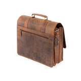 The Scout Leather Briefcase by Vintage Leather Sydney features a brown leather design with a top handle, front zipper pocket, and multiple compartments, shown against a white background.