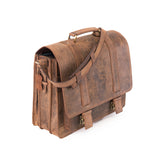 The Scout Leather Briefcase by Vintage Leather Sydney is shown on a white background, featuring brown leather, a top handle, adjustable shoulder strap, multiple compartments, and brass buckles.