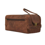 leather toiletry bag with brass fittings and handle to carry the bag.