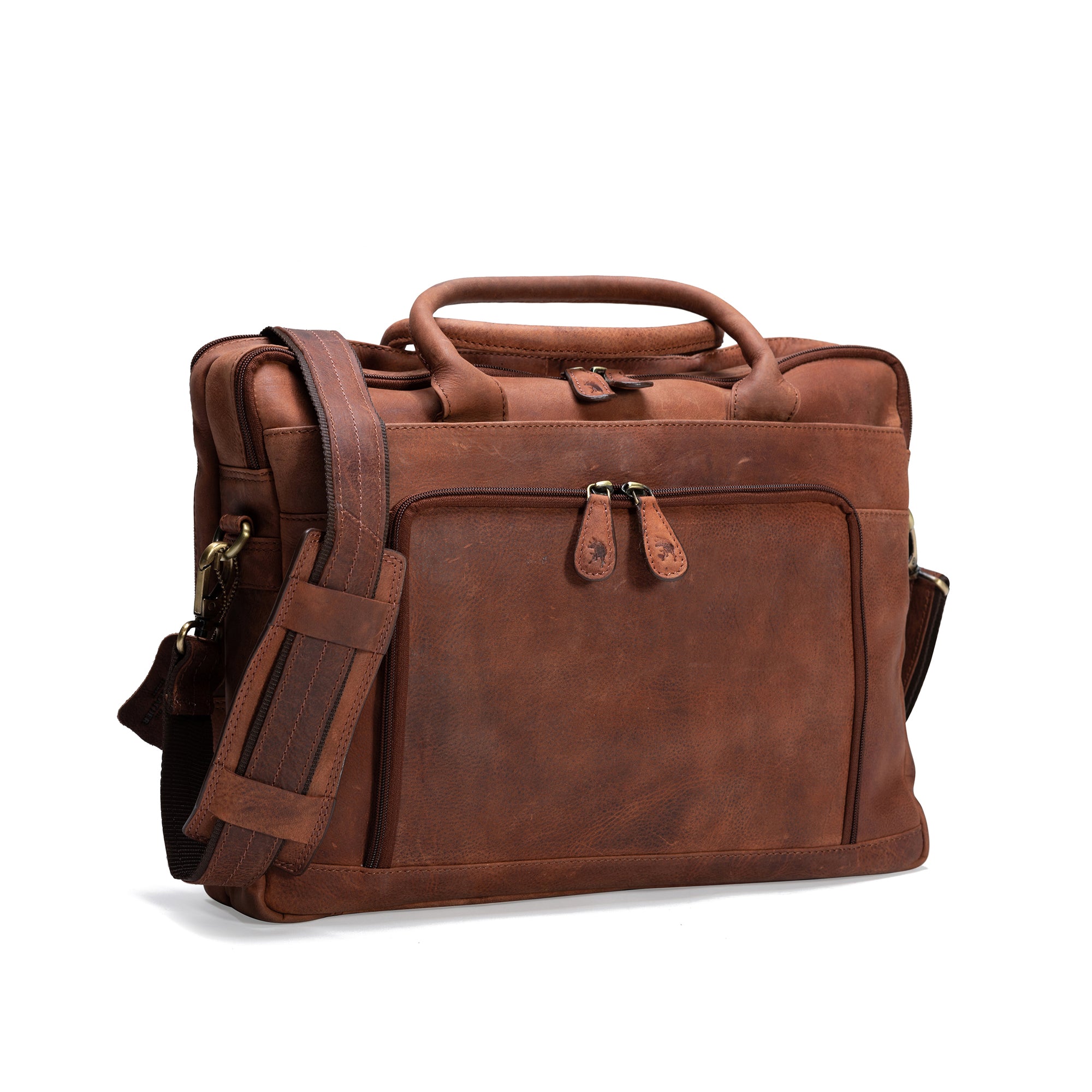 The Vintage Leather Laptop Bag Sentosa, featuring a padded handle, adjustable shoulder strap, and front zippered pocket, is displayed against a white background.