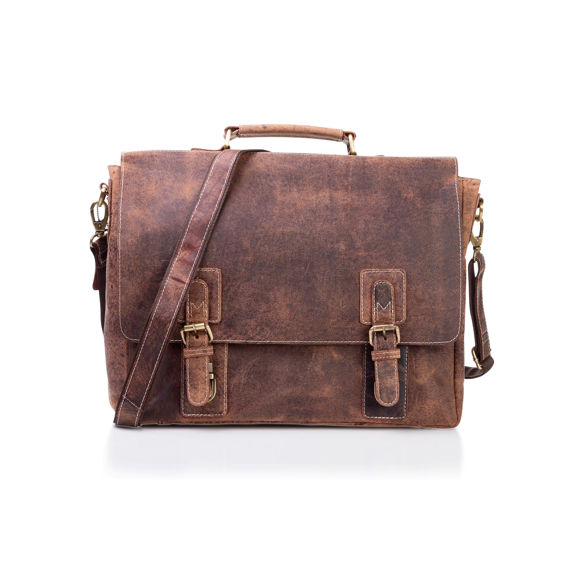The Vintage Leather Bronx Messenger Bag features brown leather, a top handle, adjustable shoulder strap, padded laptop compartment, and two front buckle closures, shown on a white background.
