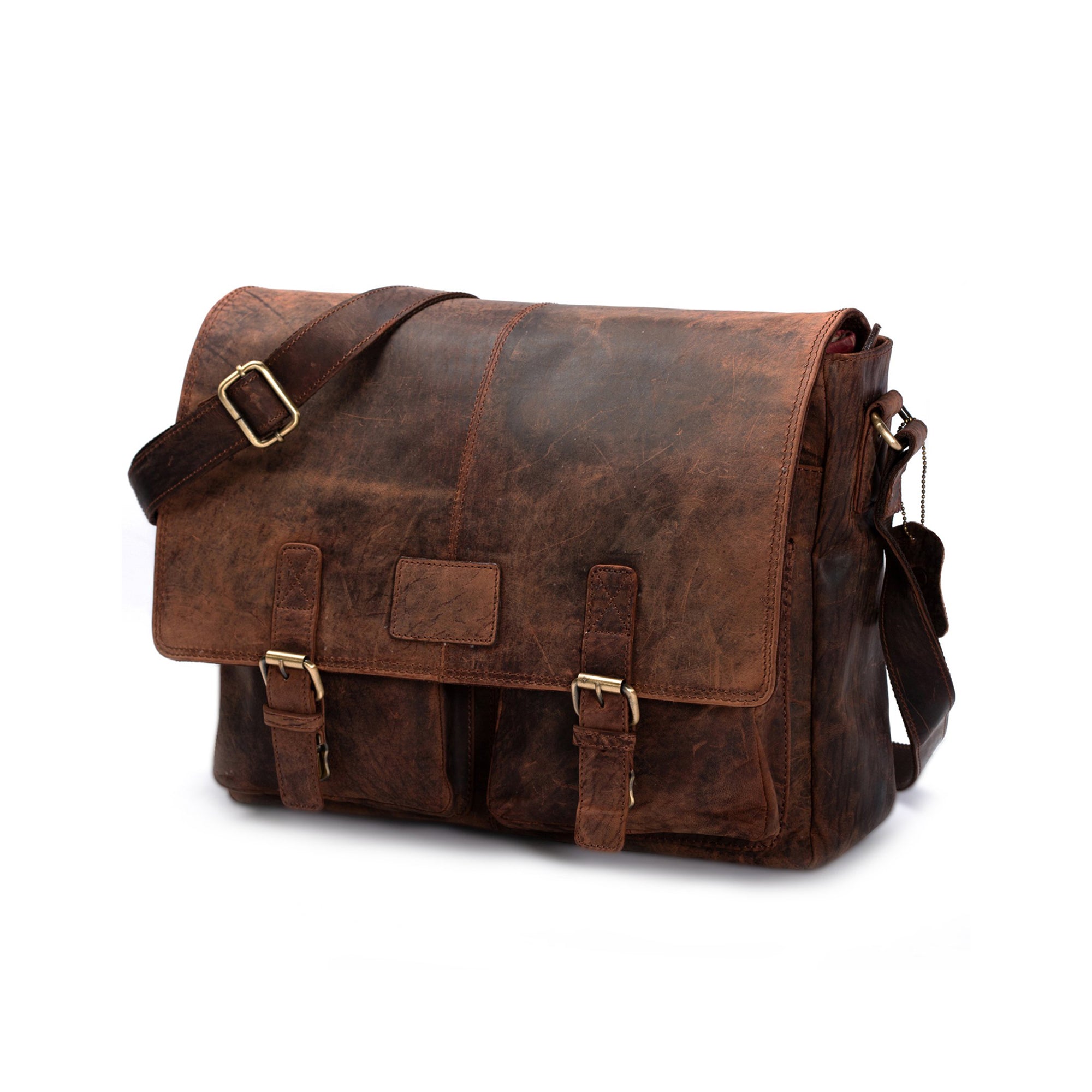 The Vintage Leather Easton Messenger Bag features a shoulder strap, front flap with two buckle straps, two exterior pockets, a padded laptop compartment, and a worn vintage look.