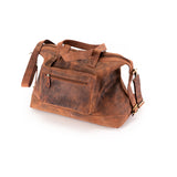 The Leather Duffle Bag Tokyo by Vintage Leather Sydney features a brown leather design, front zipper pocket, sturdy handles, and adjustable shoulder strap, shown on a white background.