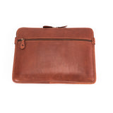 The Leather Laptop Sleeve Signature by Vintage Leather Sydney is a brown leather sleeve featuring a front zipper pocket, displayed against a white background.