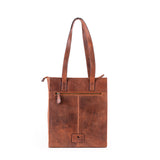 Brown leather tote bag on a white background
