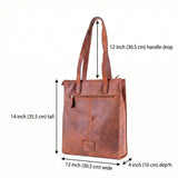 The Leather Tote Bag Luna by Vintage Leather Sydney features brown leather, two handles (12" drop), a front zip pocket, small logo patch, and measures 14" tall x 12" wide x 4" deep. Black arrows in the image mark measurements for reference.