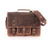 The Leather Messenger Bag Prestige by Vintage Leather Sydney is a vintage-style brown leather satchel featuring a top handle, adjustable shoulder strap, and front buckles, displayed against a white background.