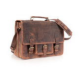 The Leather Messenger Bag Prestige by Vintage Leather Sydney is shown against a white background, featuring a brown leather build, top handle, adjustable shoulder strap, and three front buckle closures—pure product details with no CSS code.