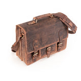 The Leather Messenger Bag Prestige by Vintage Leather Sydney features a vintage-style brown leather look, adjustable shoulder strap, three front buckle closures, and a top handle, shown on a white background.