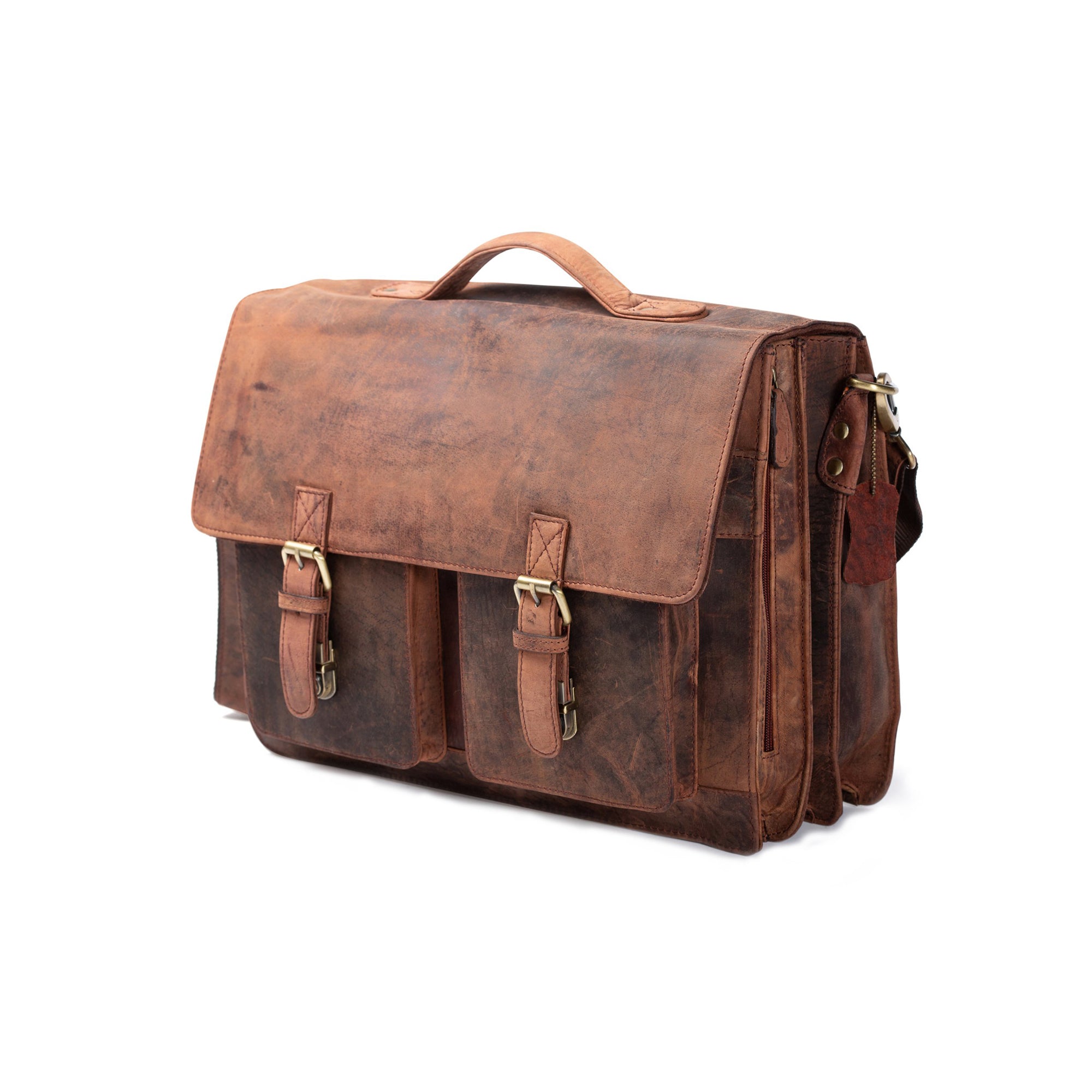 Discover the Vintage Leather Messenger Bag - Toledo by Vintage Leather, featuring two front pockets, buckle closures, a top handle, and an adjustable shoulder strap—all set against a plain white background.