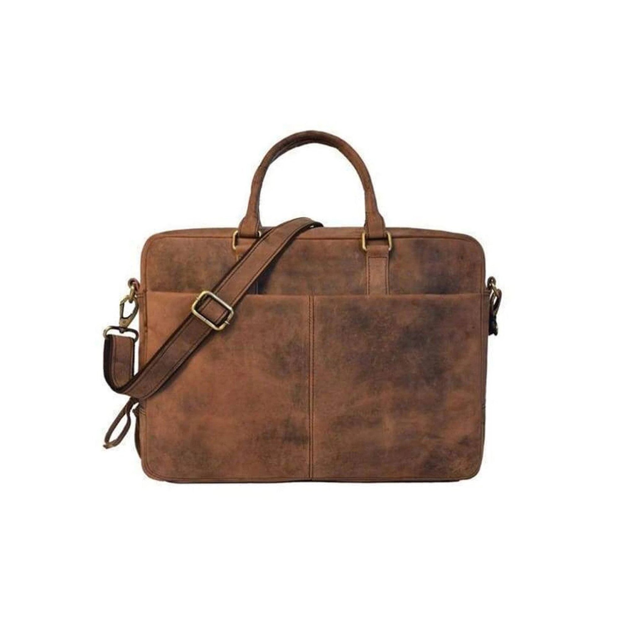 The Vintage Leather Laptop Bag Colombo features two handles, a detachable shoulder strap, and front pockets, all displayed on a plain white background.