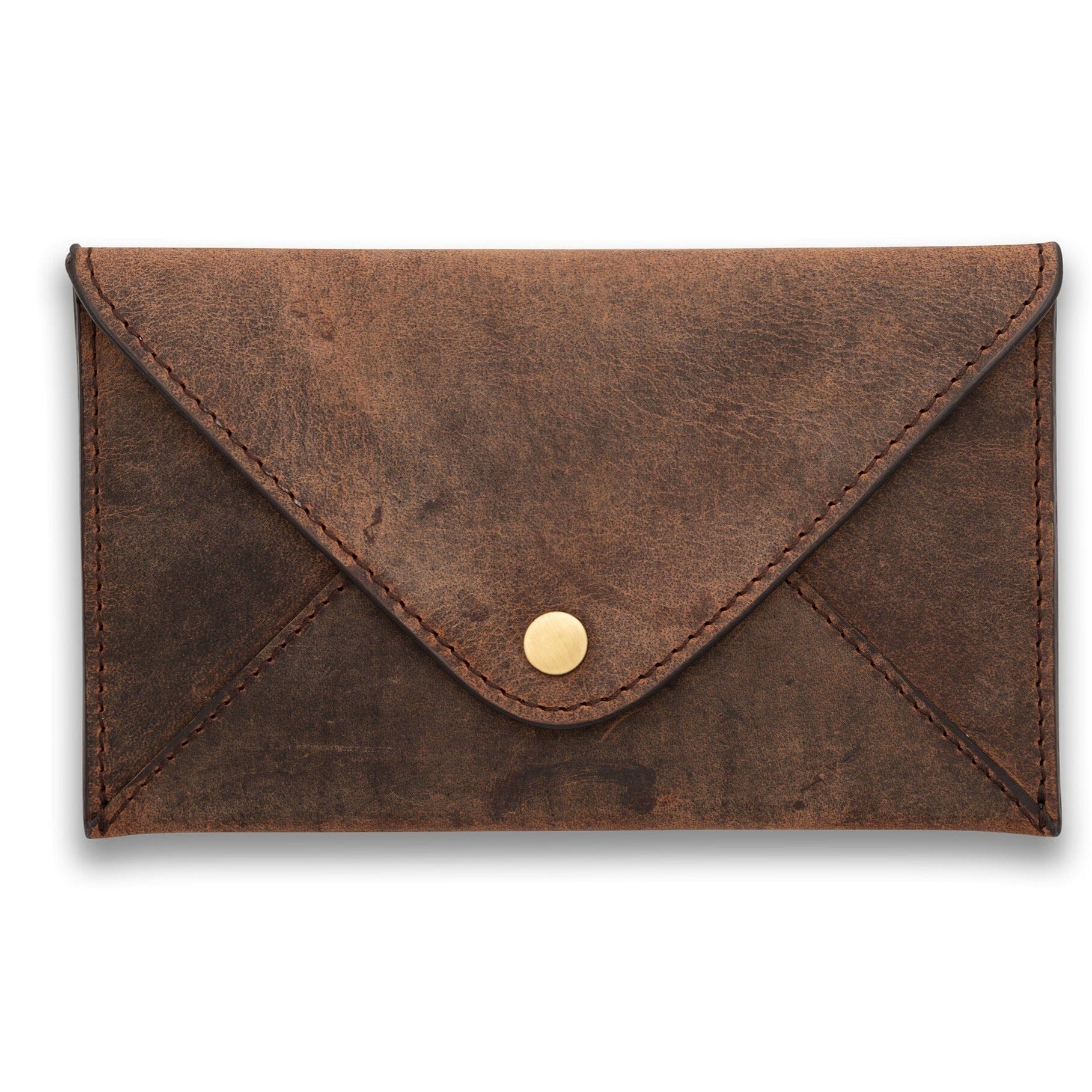 The Vintage Leather Sydney Leather Wallet for Women Corda is a brown leather envelope-style wallet with a triangular flap, visible stitching, and gold-colored button closure, shown on a white background.