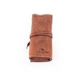 The Leather Artist Roll Zip by Vintage Leather Sydney features brown textured leather, white stitching, a wraparound strap, and is embossed with a lion logo and "Vintage Leather"—ideal for lovers of classic vintage style.