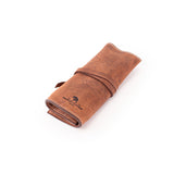 A brown leather pouch named Leather Artist Roll Zip by Vintage Leather Sydney, featuring a zip closure, visible stitching, and a vintage design.
