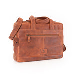 The Leather Messenger Bag Zenith by Vintage Leather Sydney features handles, an adjustable shoulder strap, front zippered pocket, and small embossed logo on the front. It's shown on a white background.